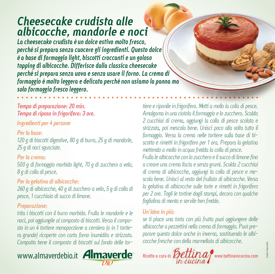 Cheesecake crudista alle albicocche, mandorle e noci Almaverde Bio