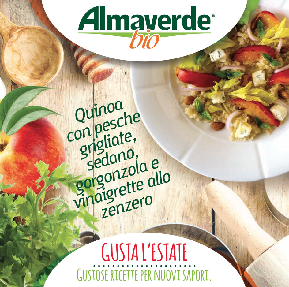 Quinoa con pesche grigliate, sedano, gorgonzola e vinaigrette allo zenzero Almaverde Bio